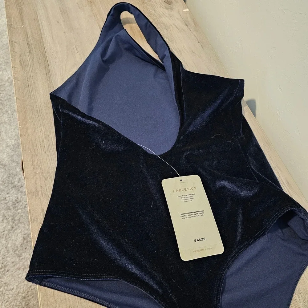 Fabletics Gigi Velour Bodysuit Bodysuit Medium Blue One Shoulder Snap Closure